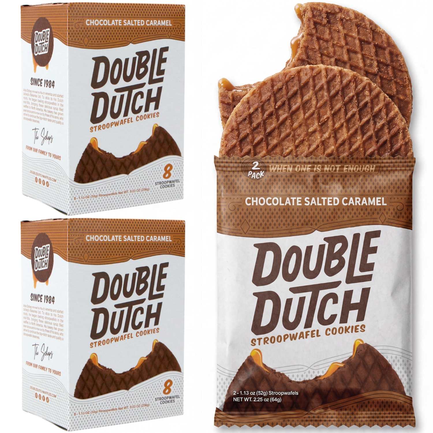Double Dutch Stroopwafel Cookies Chocolate Salted Caramel  – 2 Pack – 16 Waffles